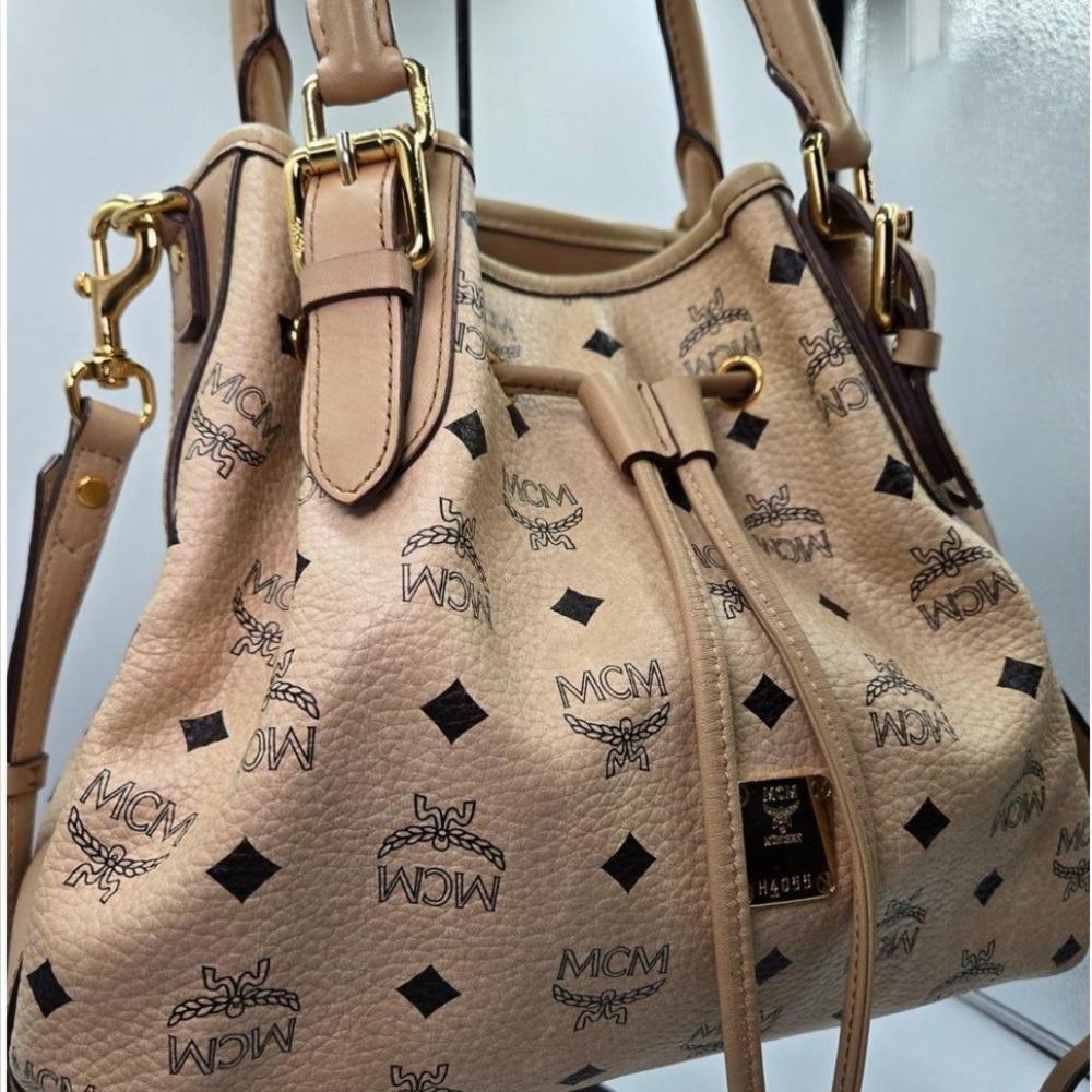 MCM Visetos Drawstring Bucket Bag Satchel Crossbody Handbag Designer